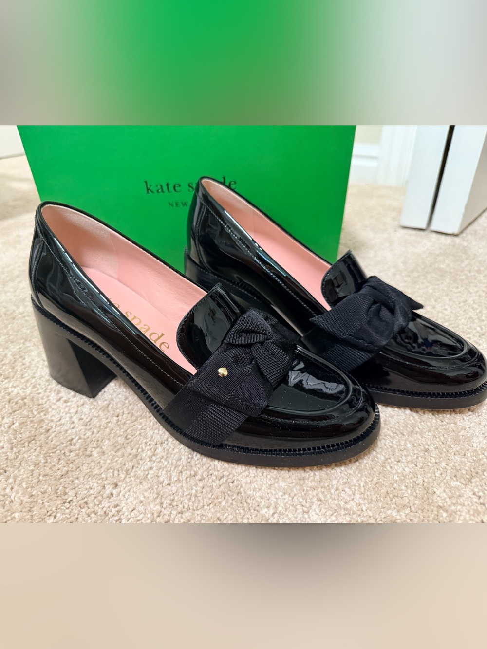 kate spade Black Patent Leather Bow Block Heel Loafers